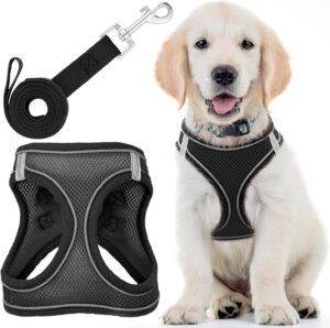 EcoEarth Arnés para Perros Medianos, Negro – Acolchado Suave, Diseño Anti-Tirones con Correa y Tiras Reflectantes
