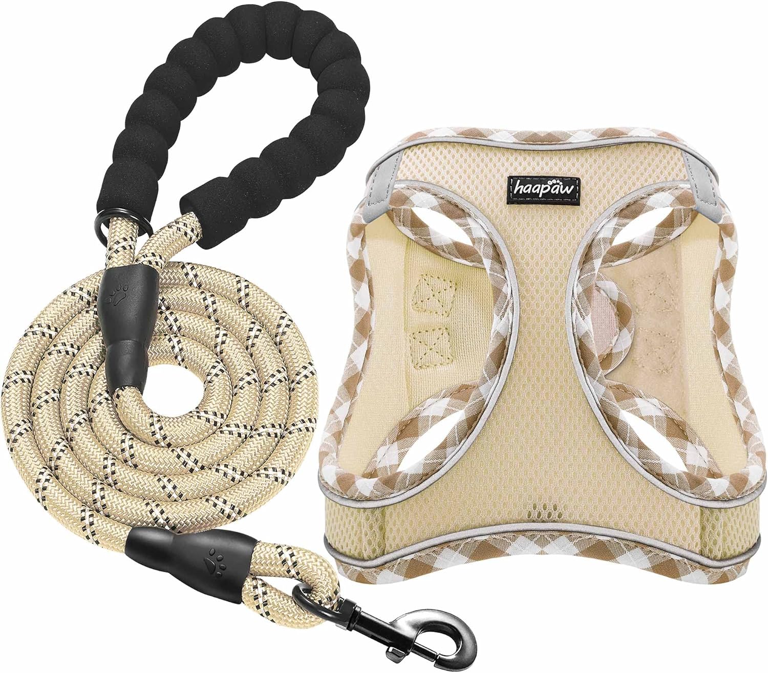 Haapaw Arnés y Correa para Perro, Ajustable y Reflectante para Cachorros y Perros Pequeños, Chaleco Acolchado sin Tirones, Beige