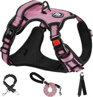 NESTROAD Arnés para Perros Grandes Talla L con Correa y Cinturón de Seguridad - Rosa