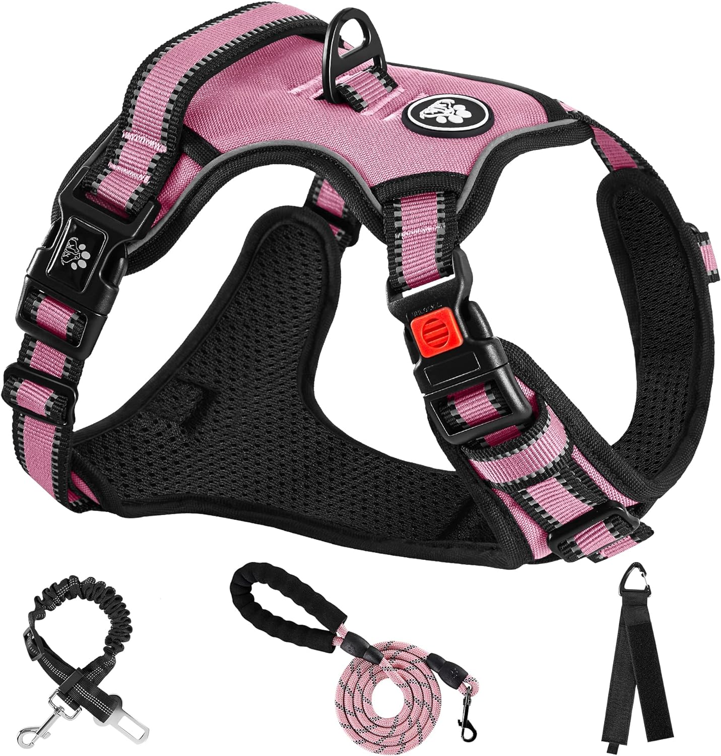 NESTROAD Arnés para Perros Grandes Talla L con Correa y Cinturón de Seguridad - Rosa