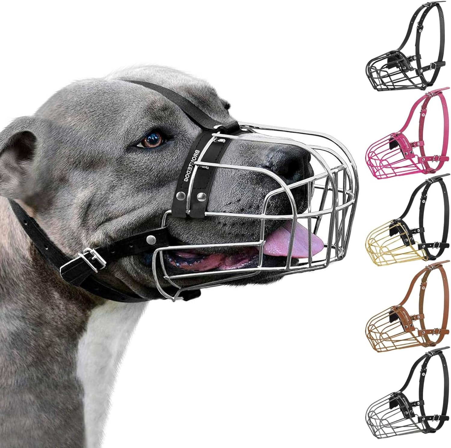 Bozal de Metal para Perro BronzeDog, Ajustable para Pitbull y Amstaff con Correas de Cuero, Talla Grande