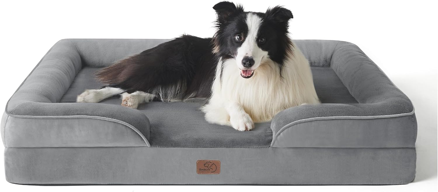 Bedsure Sofá Ortopédico para Perro Grande - Cama Desenfundable y Lavable, Colchón con Espuma Viscoelástica y Forro Impermeable, Gris, L