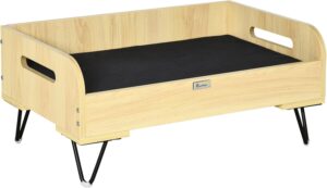 PawHut Cama Elevada para Perros y Gatos, Madera con Cojín Acolchado, 70x45x32 cm, Roble y Negro