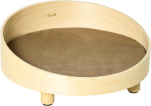 PawHut Cama Redonda de Madera para Perros y Gatos con Cojín Acolchado, Ø59x23,5 cm, Natural