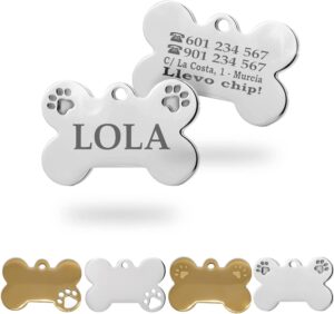 Ibera Gifts - Placa Personalizada de Acero Inoxidable para Perros y Gatos Medianos y Grandes, Forma de Hueso con Huellas