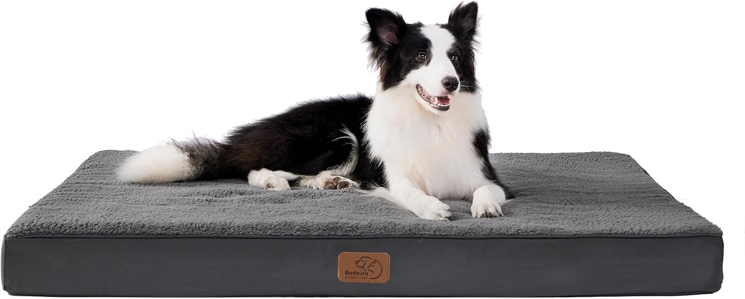 Bedsure Cama Ortopédica Extra Grande para Perros - Colchón Lavable con Espuma Caja de Huevos, 112x81x7.6 cm, Gris Oscuro