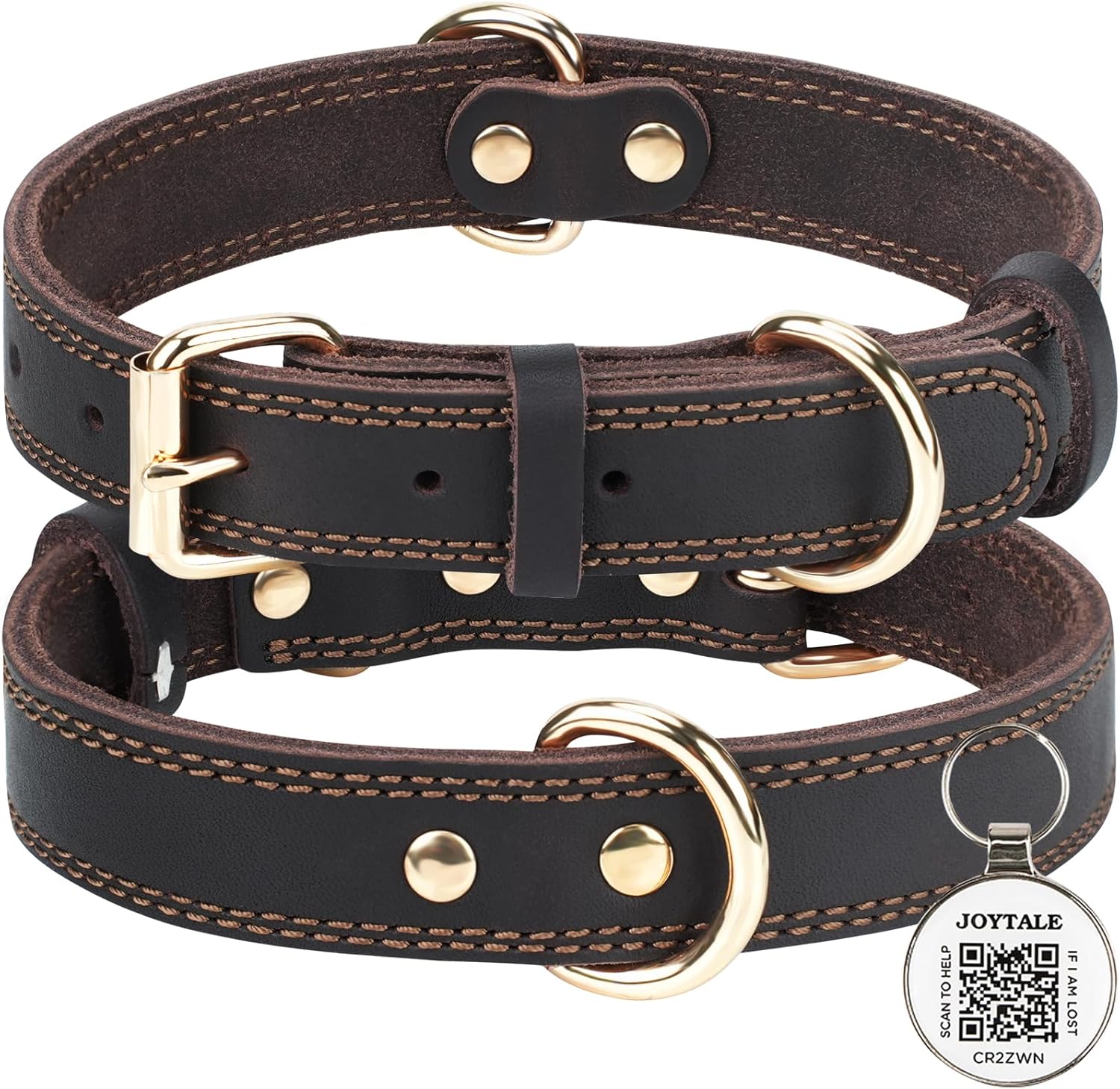 Collar de Cuero Joytale para Perro Grande - Ajustable con Etiqueta QR ID, Marrón, L