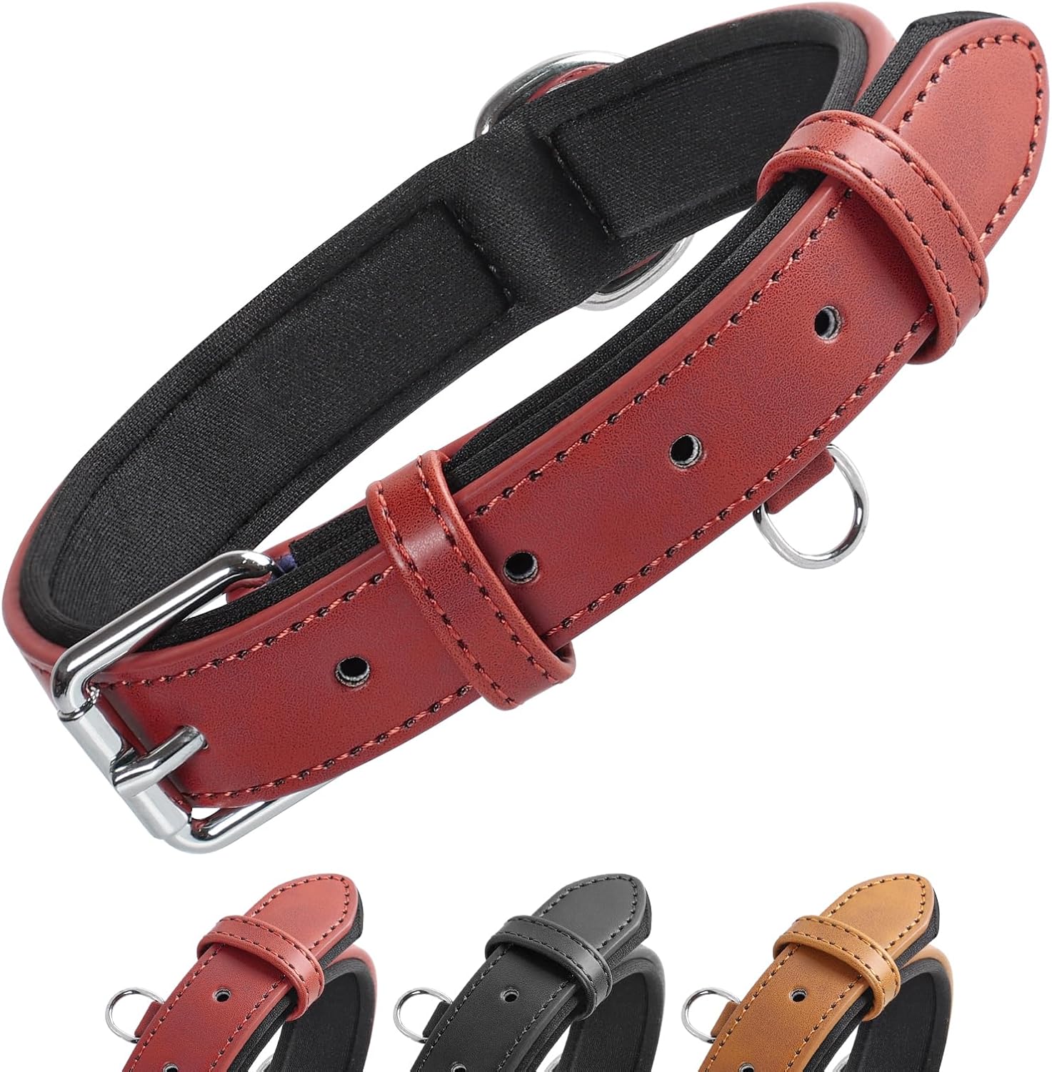 Collar de Perro de Cuero Grand Line, Ancho y Acolchado, Ajustable y Resistente, para Perros Pequeños, Medianos y Grandes (Rojo, S)