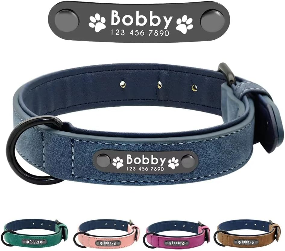 Collar de Piel Suave Didog Personalizable con Chapa de Nombre y Anilla en D, para Perros Pequeños, Medianos y Grandes