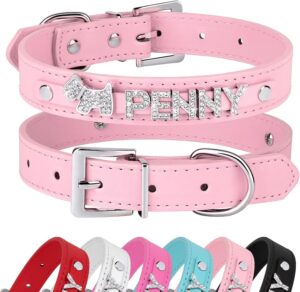 Collar de Perro Didog de Piel Sintética con Diamantes de Imitación, Personalizable, para Perros Pequeños y Medianos, Rosa, XS