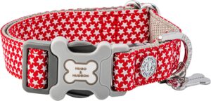 Collar de Nailon para Perros HUGO & HUDSON con Hebilla de Seguridad y Liberación Rápida, Estrella Roja, Talla L