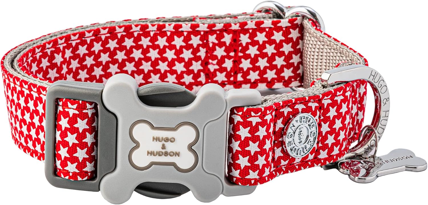 Collar de Nailon para Perros HUGO & HUDSON con Hebilla de Seguridad y Liberación Rápida, Estrella Roja, Talla L