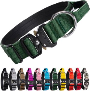 Collar Táctico TSPRO Premium con Asa Acolchada y Hebilla de Metal, Ajustable y Resistente para Perros de Todos los Tamaños (Verde, Talla L)