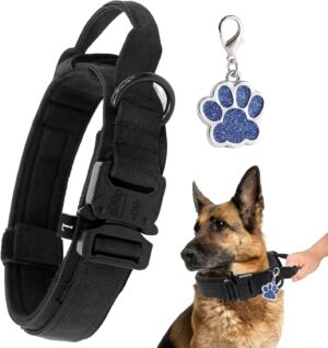 Collar táctico de nailon para perros medianos y grandes, ajustable con asa y hebilla metálica, negro