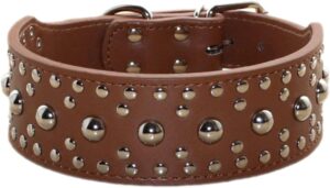 Collar de Cuero Sintético con Tachuelas para Perros Medianos y Grandes, Resistente y Ajustable, Ideal para Pitbull y Doberman (Marrón, M)