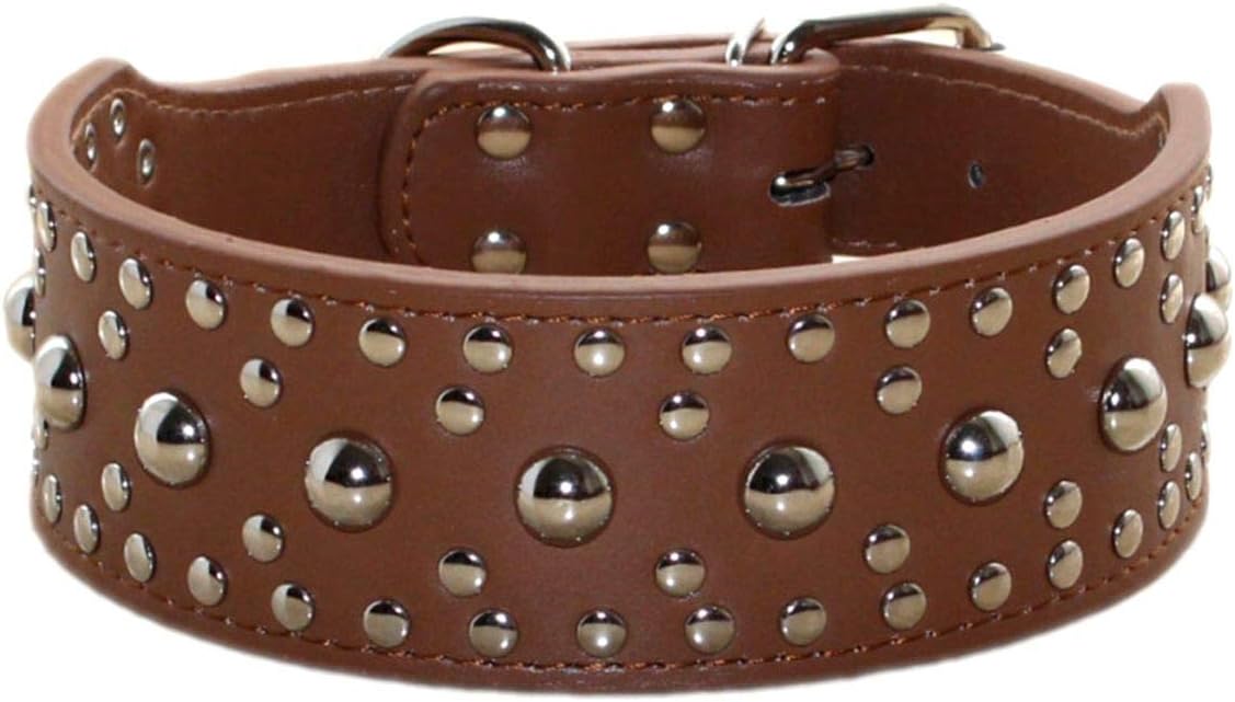 Collar de Cuero Sintético con Tachuelas para Perros Medianos y Grandes, Resistente y Ajustable, Ideal para Pitbull y Doberman (Marrón, M)