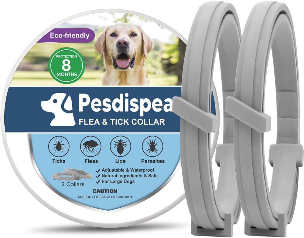 Collar Antiparasitario para Perros Grandes Pesdispear, Ajustable y Natural, Protección Impermeable de 8 Meses, Paquete de 2