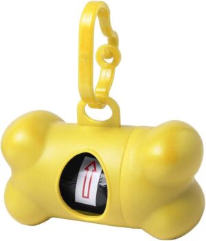 Dispensador de Bolsas para Excrementos de Perro con Forma de Hueso – Accesorio de Nylon Amarillo con Mosquetón