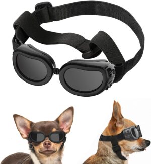 Lewondr Gafas de Sol para Perros Pequeños, Protectoras UV y Antivaho con Correa Ajustable, Negro