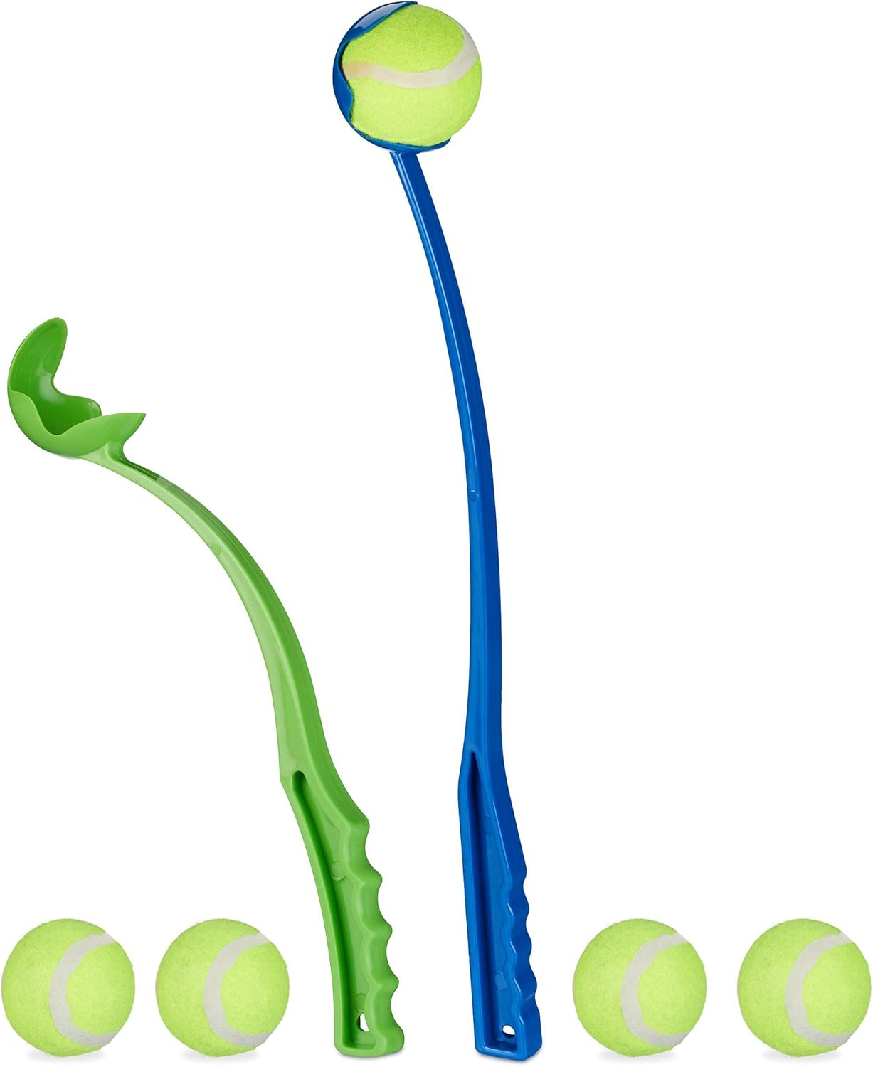 Relaxdays Lanzador de Pelotas para Perros, Set de 2 con 5 Pelotas, Juguete para Mascotas, Azul y Verde