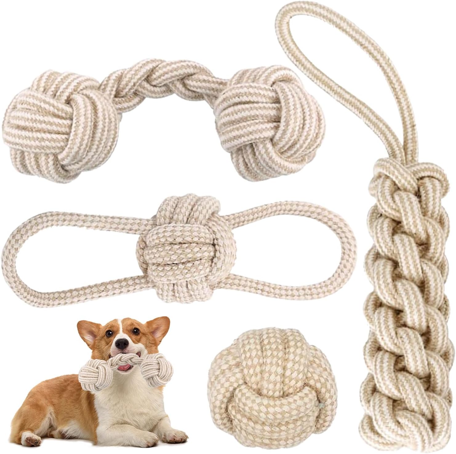 Juguetes Masticables de Cuerda para Perros, Pack de 4 Cuerdas de Algodón Resistentes, Mordedores para Perros Pequeños