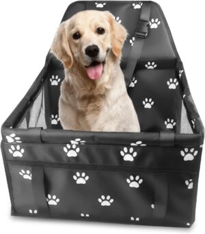 Asiento de coche para perro plegable y seguro con tubo de soporte y cinturón ajustable, tamaño 40×34×25 cm