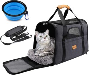 Morpilot Mochila Transportín para Perro y Gato, Bolsa de Transporte Ventilada con Correa Ajustable y Cojín Extraíble + Tazón (16.9 * 11.8 * 13 Inch)