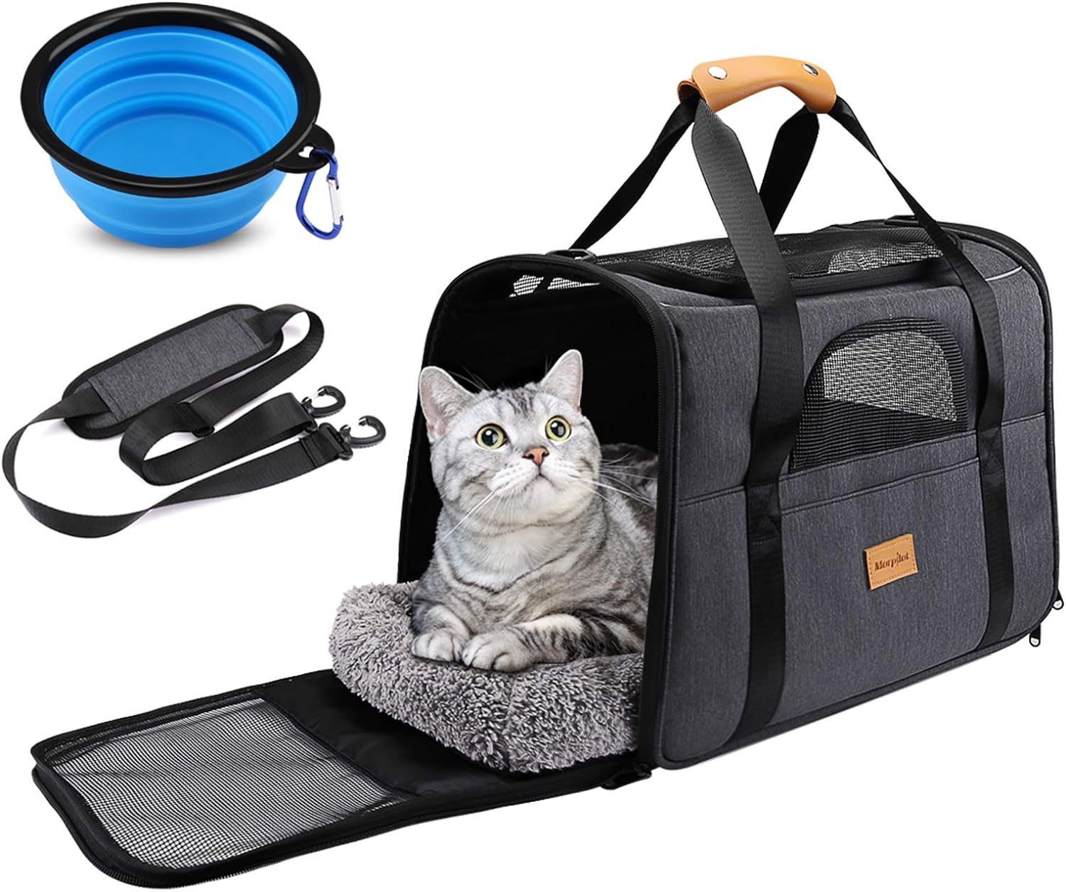 Morpilot Mochila Transportín para Perro y Gato, Bolsa de Transporte Ventilada con Correa Ajustable y Cojín Extraíble + Tazón (16.9 * 11.8 * 13 Inch)