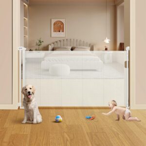 VEVOR Puerta Retráctil para Perros y Niños, Extensible hasta 153 cm, Apertura con Una Mano, Malla Segura, Blanco